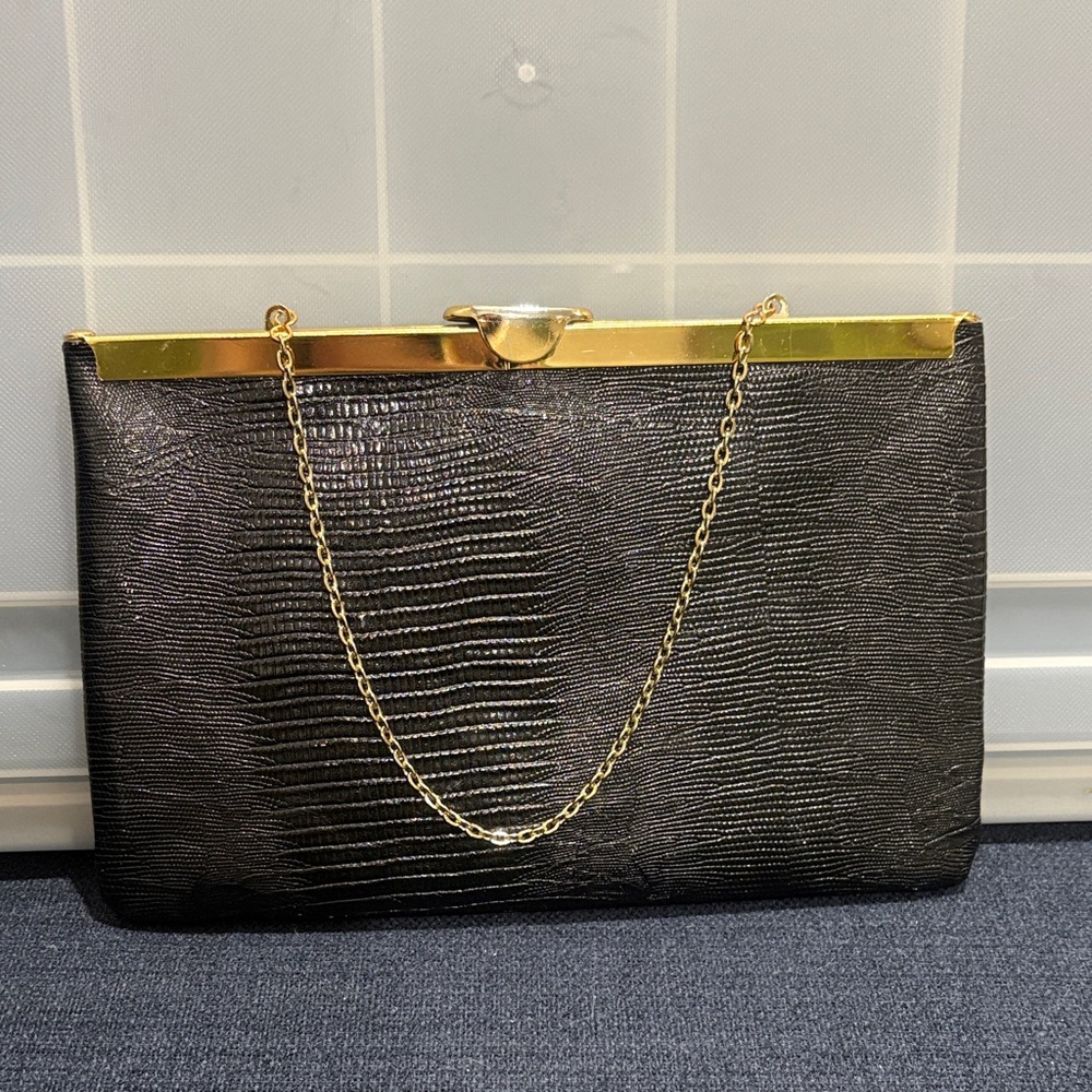 Vintage Black Textured Evening Clutch with Gold Chain